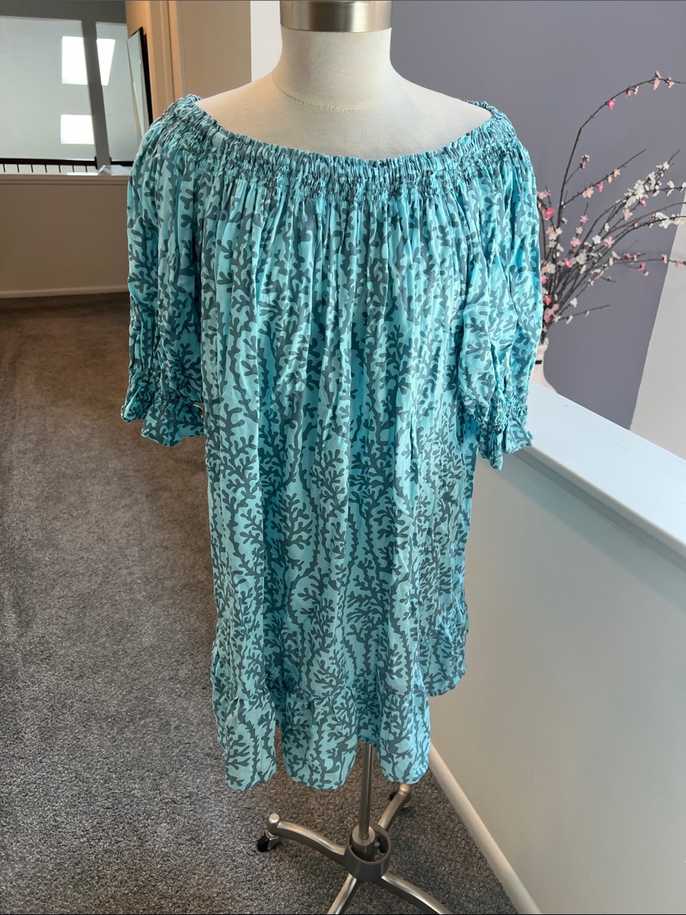 Aqua Blue Off-Shoulder Floral dress